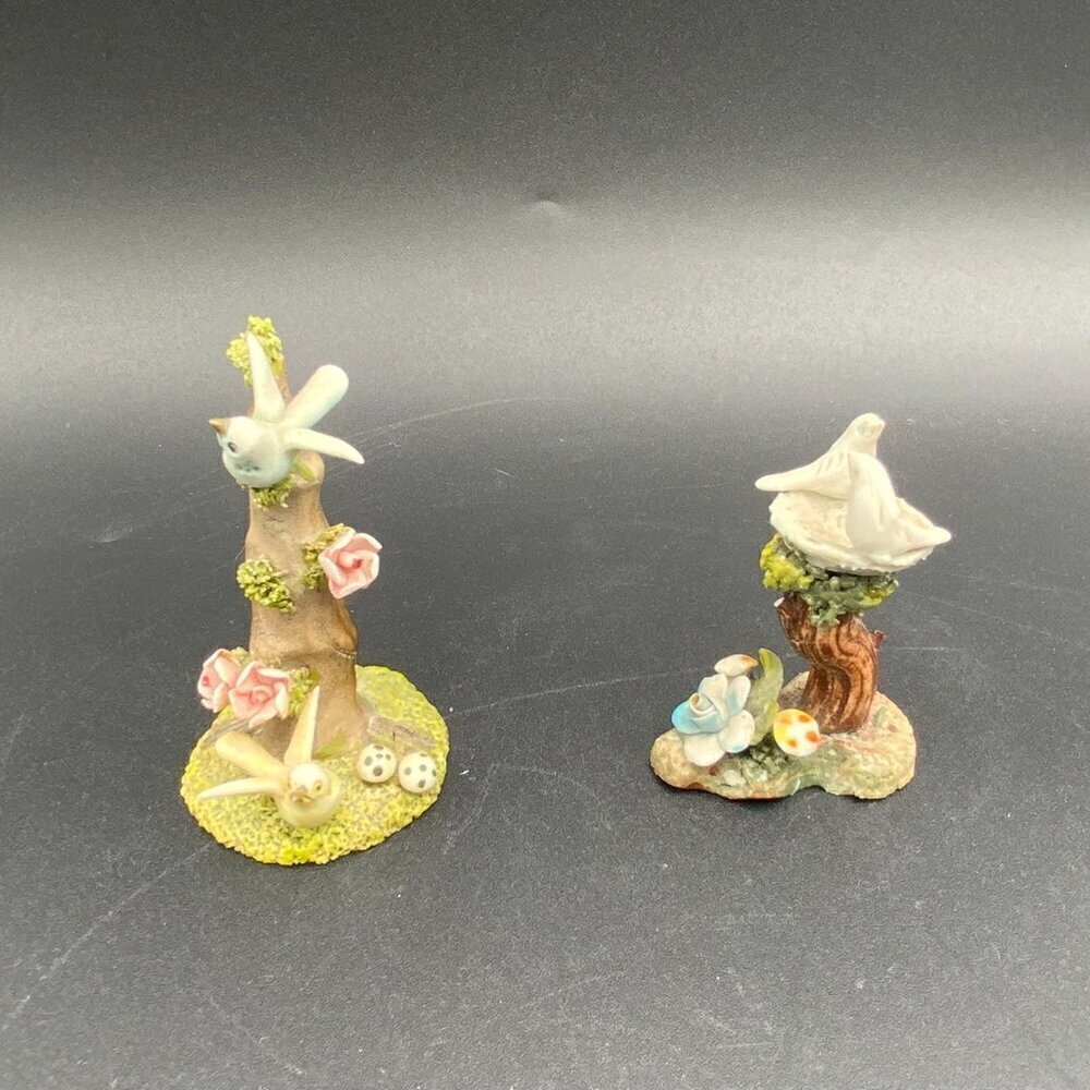 2 Vintage Miniature Hand-Painted Porcelain Birds with Mushrooms & Birdbaths